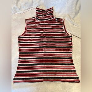 NWT Vintage Rouge Paris Red, Black & White Striped Sleeveless Turtle Neck Top